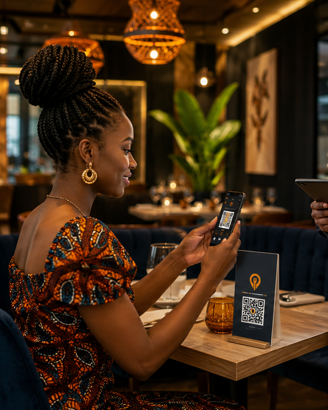 Cliente scannant le QR code de sa table avec son téléphone pour voir le menu