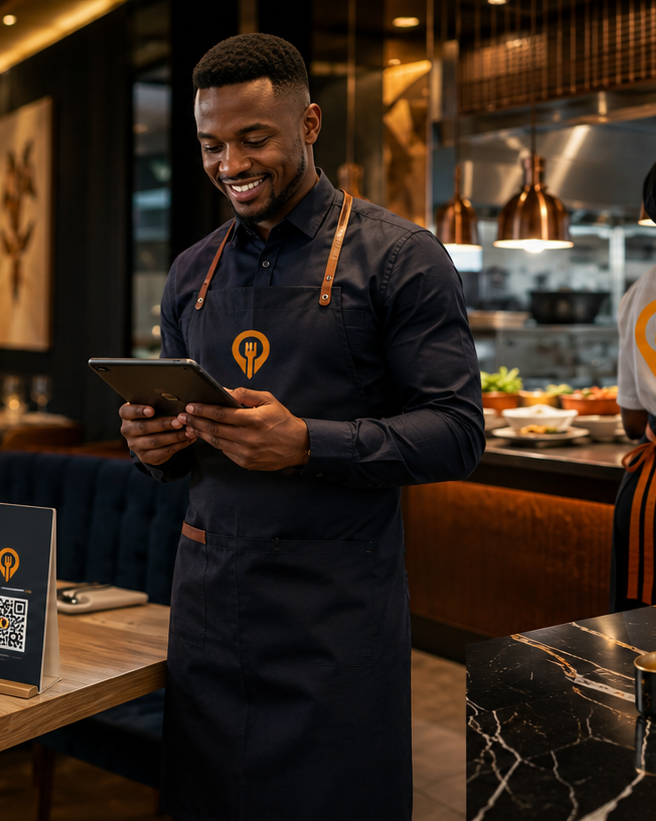 Responsable de restaurant utilisant Diibo sur une tablette pendant le service